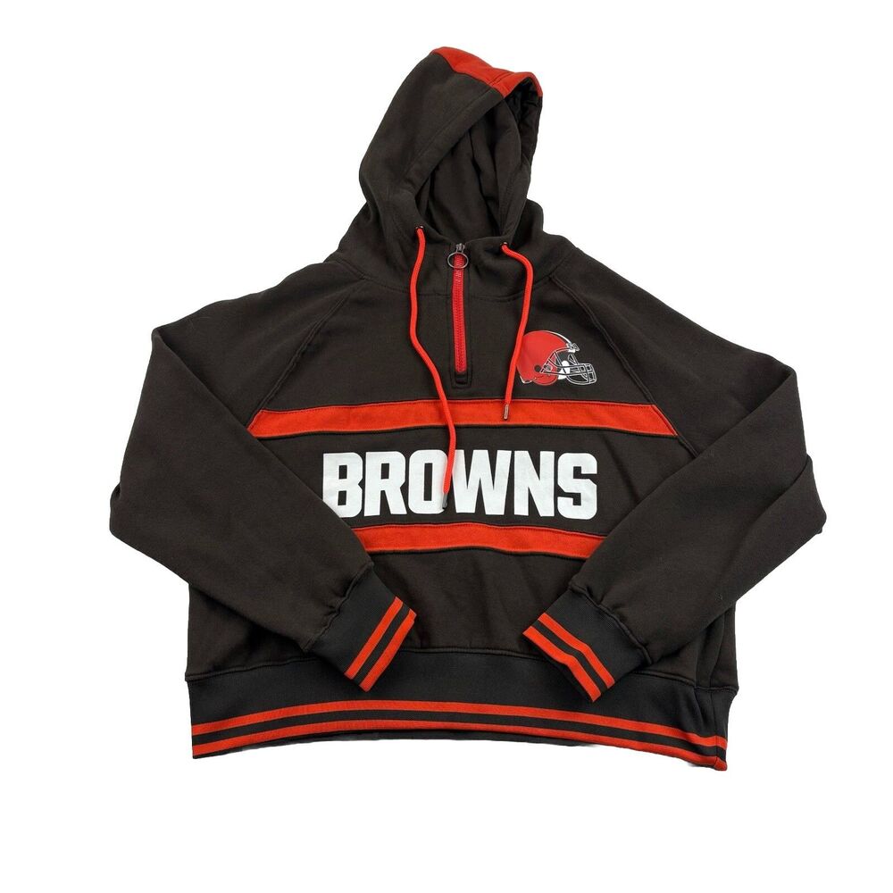 Cleveland Browns NFL Team Apparel 1/4 Zip Hoodie Womens L Cropped Back Print